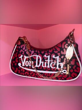 Von Dutch Pink & Black Leopard Print Shoulder Bag with Gold Chain